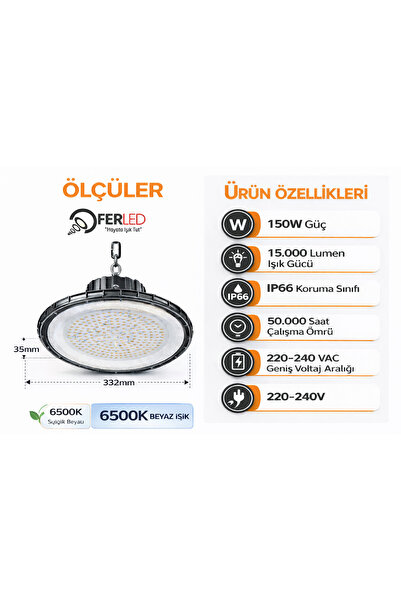 Ferled 150W LED Yüksek Tavan Armatür UFO 20000 Lumen IP66 Endüstriyel Aydınlatma