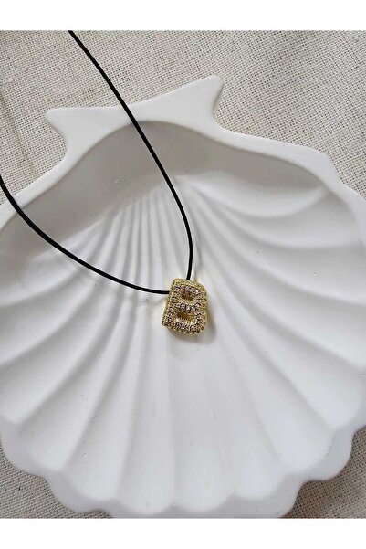 SİBEL AKSESUAR sbl tasarım zirkon taşlı çelik uçlu kolye B harf siyah ip