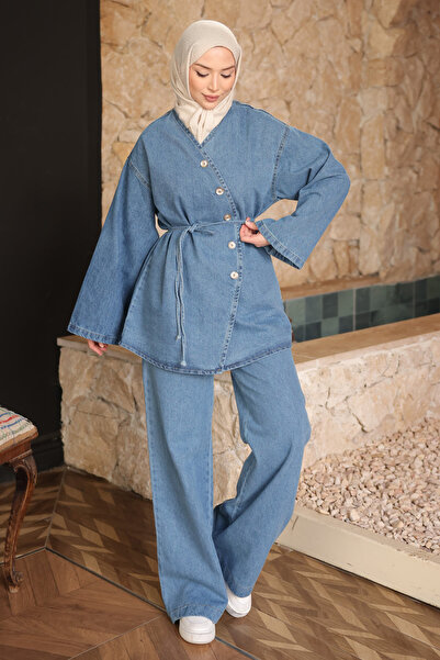 İmajButik Blue Buttoned Jacket and Trousers Denim Suit