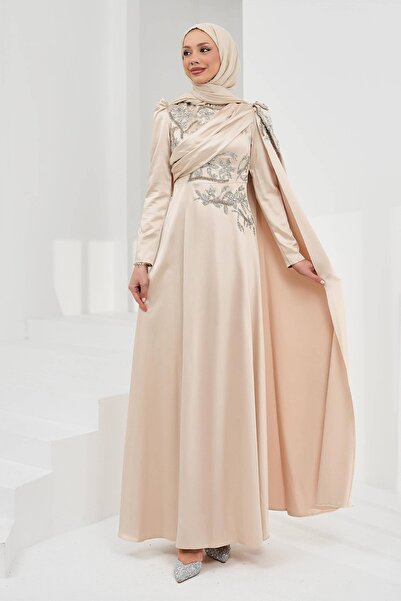 İmajButik Beige Shoulder Cape and Stoned Satin Evening Dress