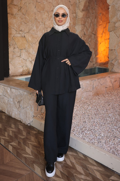 İmajButik Black Waist-Tie Tunic with Pants Modal Set