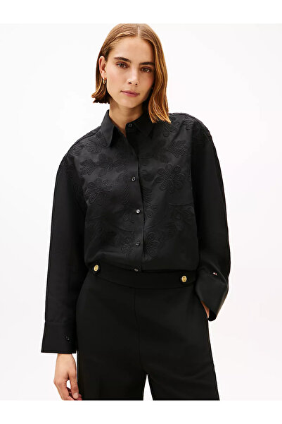 Tommy Hilfiger Women's Regular Fit Shirt Collar Long Sleeve Black Shirt Ww0Ww...