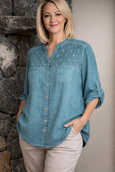 AGORATEKSTİL Women's Washed Cotton Fabric Plus Size Three Quarter Sleeve Mom ...