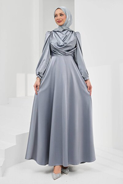 İmajButik Gray Satin Evening Dress with Stones on the Front
