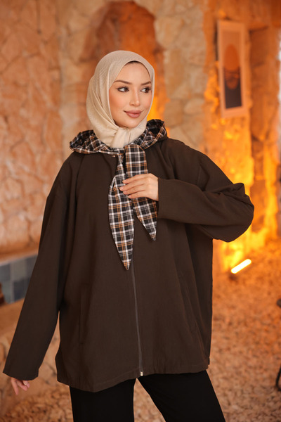 İmajButik Brown Plaid Tie-Dye Hooded Jacket