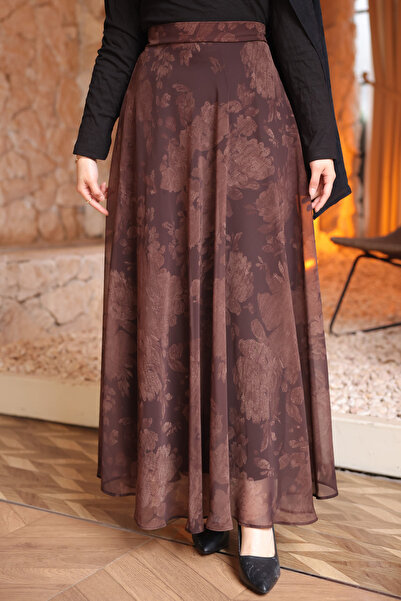 İmajButik Kahverengi Bel Lastikli Desenli Şifon Etek