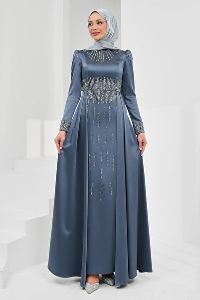 İmajButik Smoked Satin Evening Dress with Stones on the Front