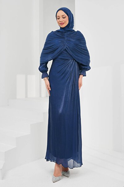 İmajButik Navy Blue Draped Front Cape Evening Dress
