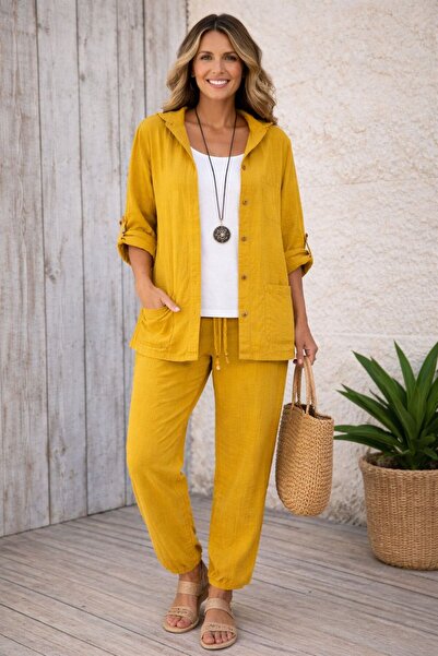 AGORATEKSTİL Women's Organic Muslin Fabric Shirt and Pants 2-Piece Set