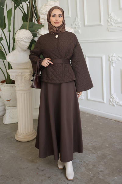 İmajButik Brown Belted Jacket Skirt Suit