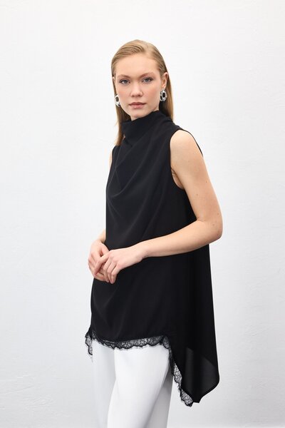 Sateen Lace Detailed Degaje Collar Blouse - Black