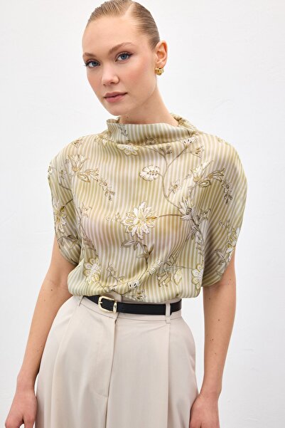 Sateen Short Sleeve Patterned Blouse - Khaki