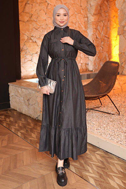 İmajButik Anthracite Waist-Tie Skirt Layered Denim Dress