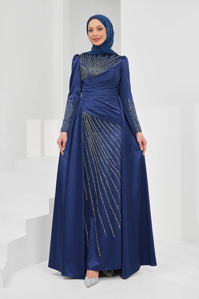 İmajButik Navy Blue Satin Evening Dress with Stones on the Front