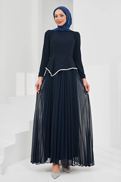 İmajButik Navy Blue Stone Detailed Design Evening Dress