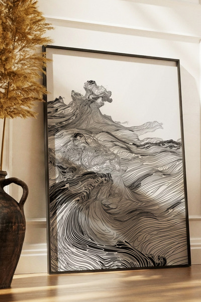Yoko Home Ahşap Çerçeveli Monochrome Serisi Dalga Temalı Tablo, Salon, Ev, Ofis Duvar Dekorasyonu