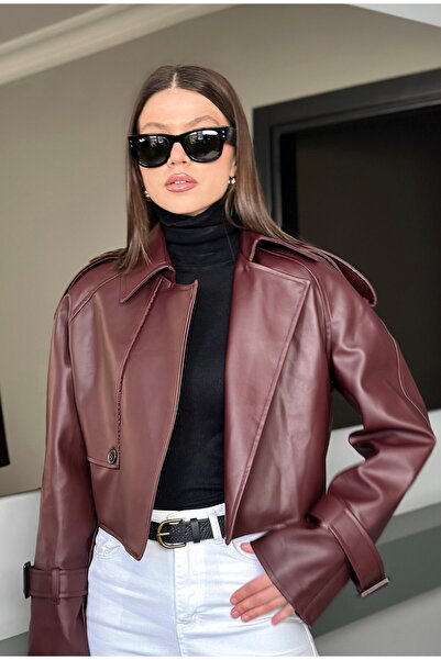 VESS MODA New Season Single Button Front Cropped Leather Jacket with Shoulder...