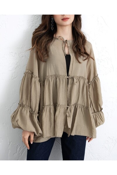 Modamorfo Layered Modal Shirt with Elastic Sleeves and Tie Front - Khaki