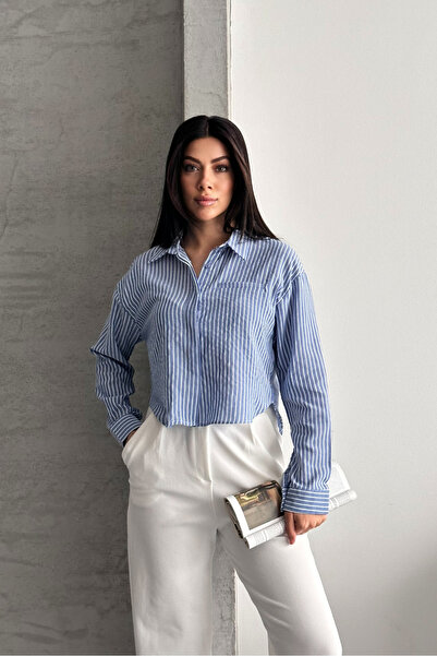 macharel jeans Women's Blue Striped Crop Shirt