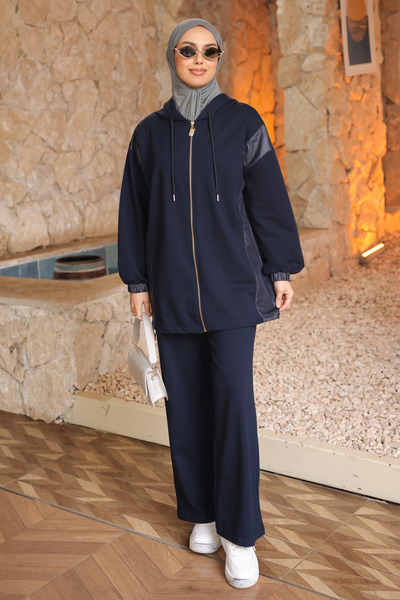 İmajButik طقم مودال بقطع قماش مخيطة معاً باللون الأزرق الداكن مع بنطلون تونيك