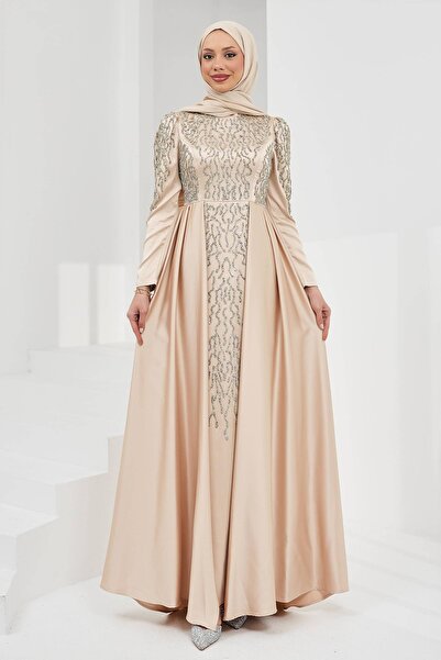 İmajButik Beige Satin Evening Dress with Stones on the Front