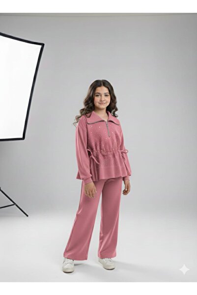 DENİZLİFE Girl's Compack Fabric Stylish Stone-Embellished Outfit