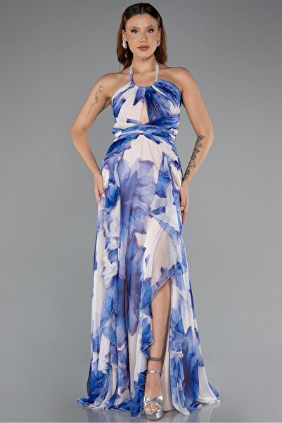 Abiyefon Saks Mavi Bacak Dekolteli Empirme Uzun Şifon Abiye ABU3878