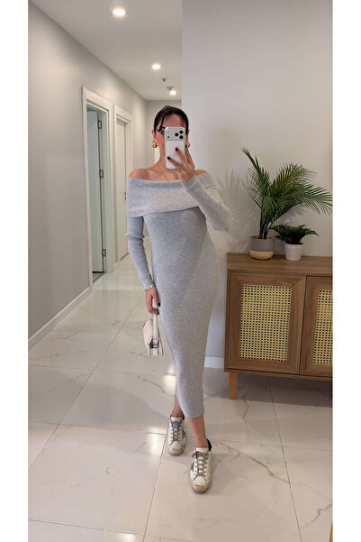 BİRCANÇİL Larope Gray Madonna Collar Ribbed Dress
