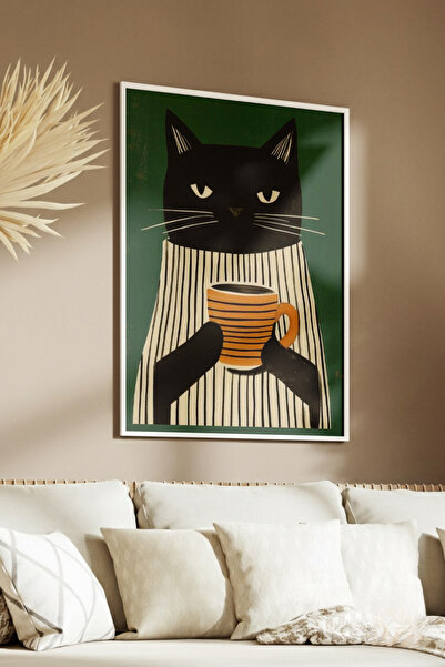 Yoko Home Tablou decorativ cu tematică pisică și cafea, cu ramă din lemn, pen...