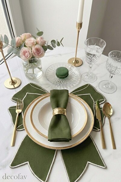 decofav Bow Yeşil Kumaş Fiyonk Form Beyaz Nakışlı Amerikan Servis 35x39 cm- 1...