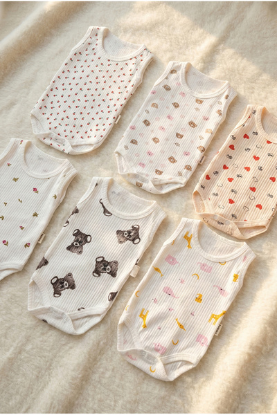Noone Baby 6-Piece Sleeveless Bodysuit Set - Cotton Ribbed Patterned Summer B...