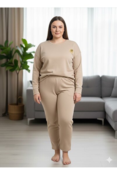 sleeproom Women's Beige Lycra Comfortable Tracksuit Set