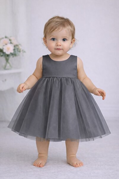 SUNEH Baby Girl Gray Robe Mini Dress Birthday Satin Dress