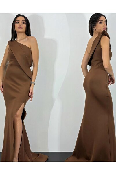 Helin KAHVE Renk Tek Omuz Yırtmaçlı Maxi Boy Abiye