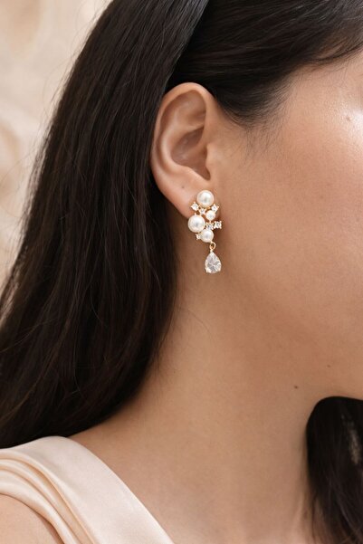 Ascera İnci Detaylı Damla Taşlı Gold Kaplama Küpe