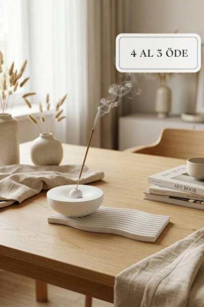 ZURİ DESİGN Modern Beton Tütsülük Biblo Seti – Dalgalı Altlıklı Beyaz Minimal...