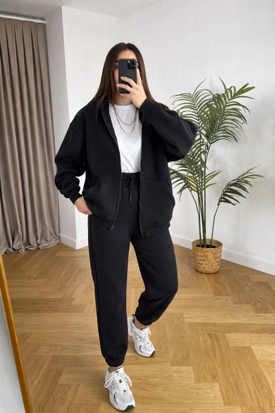 BARLİZ Women's 3-Thread Basic Hooded Zippered Cardigan Tracksuit Set