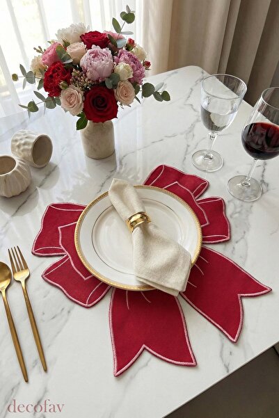 decofav Bow Kırmızı Kumaş Fiyonk Form Pembe Nakışlı Amerikan Servis 35x39 cm-...