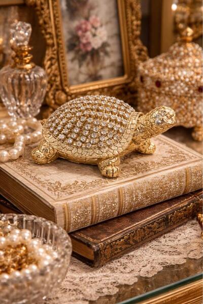 Hd Marketim Gold Kristal Taşlı Kaplumbağa Biblo 9x7 cm – Dekoratif Şans Getir...