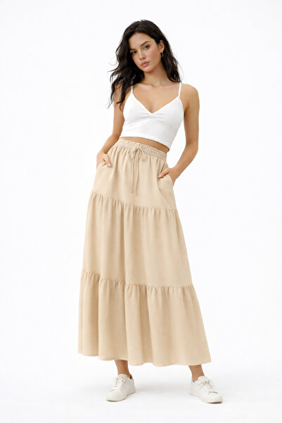 SHEBARA High Waist Elastic Elastane Maxi Woven Skirt