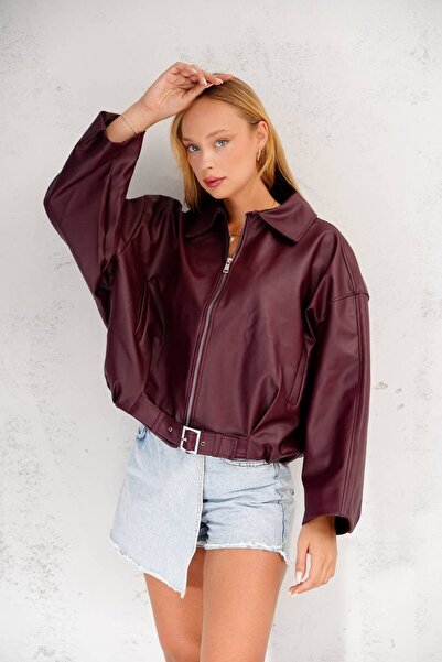 VESS MODA Oversized Leather Jacket with Belt Detail and Lining Inside