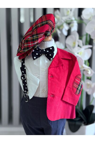 Inovius 5-piece christening suit, red plaid fabric - DPH351 - Size: 3-6 months