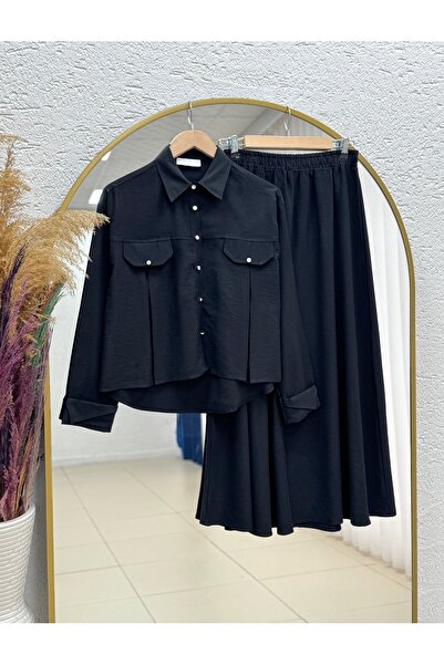 MİHRA STORE Ecem Beaded Buttoned Robe with a Pleated Skirt Set-Mf589 Black