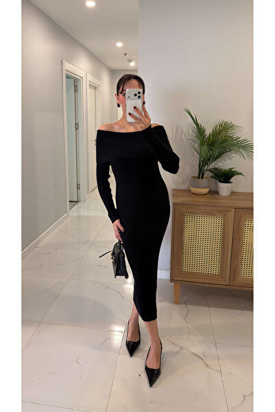 BİRCANÇİL Larope Black Madonna Collar Ribbed Dress