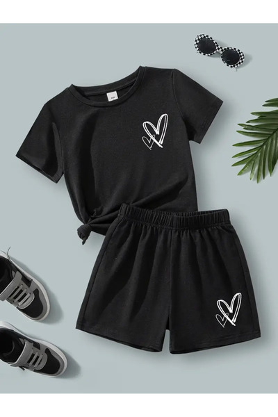 PEMBE KURDALE DVOJNO SRCE Bas Štampano Deo Dječji Set ŠORTSEVI-T-SHIRT