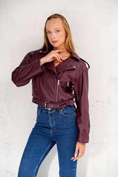 VESS MODA New Season Belt Detailed Crop Faux Leather Jacket