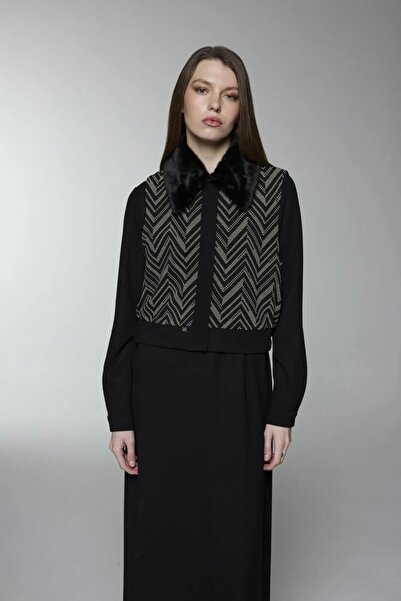 Zühre Fur Collar Patterned Black Double Suit 1698