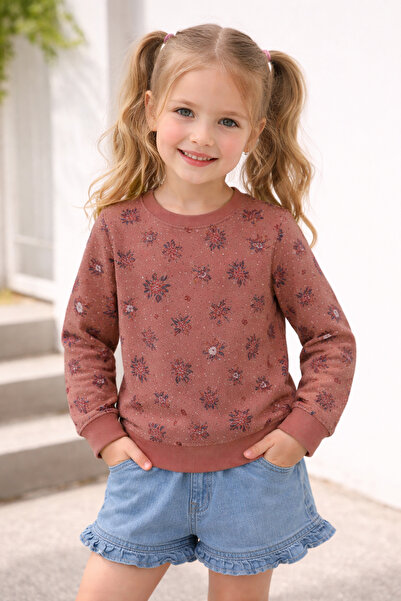 FOR GIRLS Kids Floral Printed Sweatshirt with Ribbed Cuffs