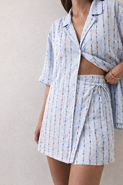 ÇEÇİM Women's Striped Tie-Detail Shirt & Shorts Set Zyn-58886