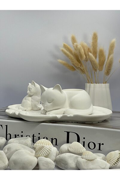 SMGArtDecor. Dekoratif Kedi Figürlü Mumluk ve Tepsi Seti